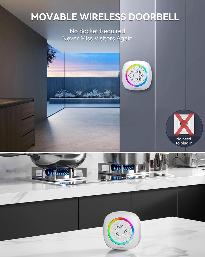 TECKNET جرس باب لاسلكي مع 3 أجراس باب محمولة مع ضوء RGB، مجموعة جرس باب تعمل بالبطارية ومقاومة للماء IP66، نطاق لاسلكي 1300 قدم، 60 لحن و5 مستويات صوت، وقت الاستخدام يصل إلى 4.5 سنوات - Image 3